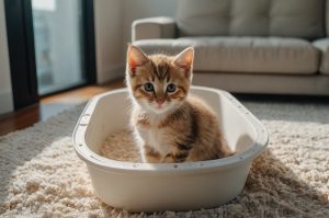 Mèo con dùng khay vệ sinh trong phòng