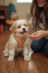 Tập cho chó quen dây yếm bằng phần thưởng