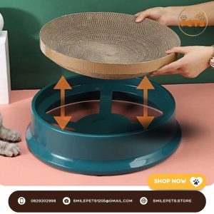 Bàn cào móng cho mèo khung nhựa cao cấp màu trắng với lõi giấy carton hình tròn.